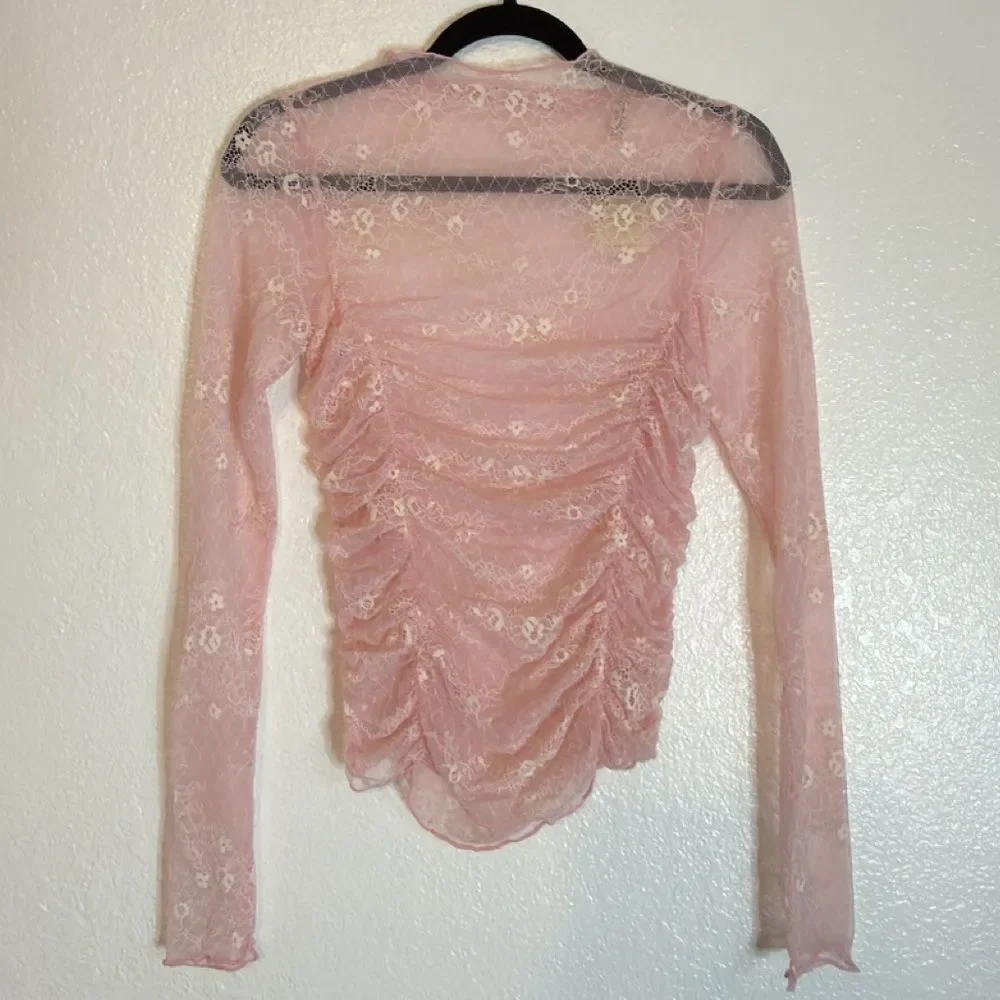 New Free People Pink Lace Lolita romantic cottagecore Long Sleeve Top